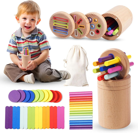 YAANI Montessori Toys for 1-3 Year Old: Wooden Sorting Sticks Toys for Toddlers Age 1 2 3, Fine Motor Developmental Infants Sensory Matching Games, Busy Board 18 Month Old Baby Boys Girls Gifts