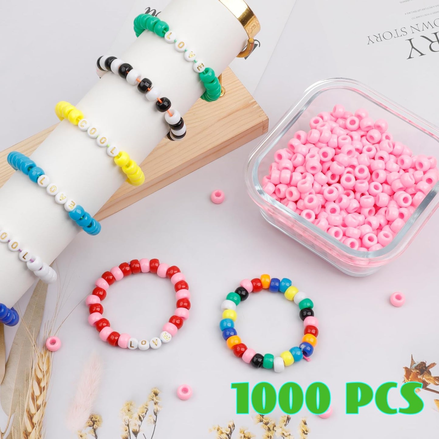 Auvoua 1000Pcs Pony Beads Bracelet 9mm Yellow Plastic Barrel Pony Beads for Necklace,Hair Beads for Braids,Key Chain,Jewelry Making (Yellow)