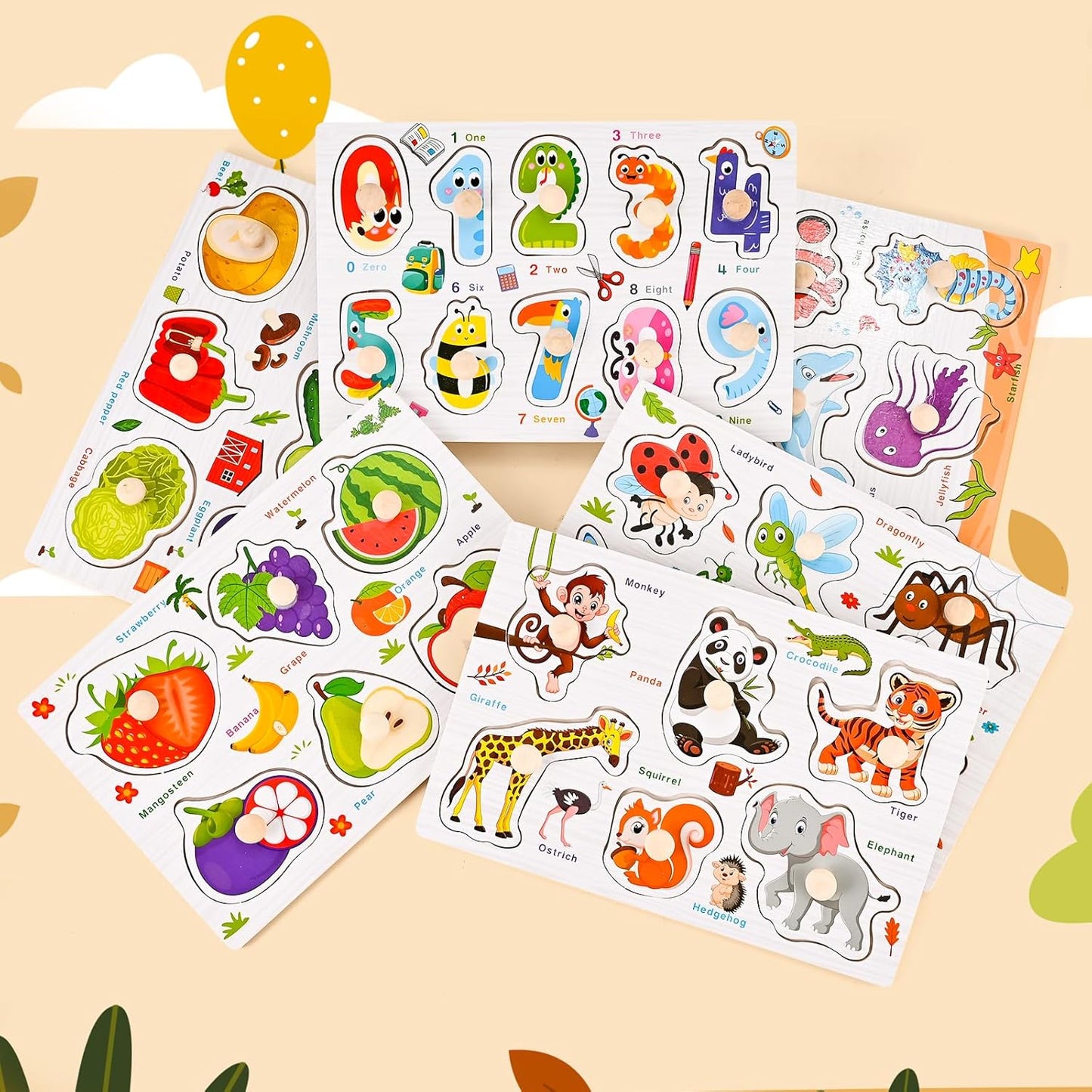Wooden Peg Puzzles for Toddlers 3 4 5 Years Old, 6 PCS Toddler Puzzles (Vegetables, Numbers, Fruits, Insects, Sea and Animals), Great Preschool Learning Puzzle Toys for Girls and Boys
