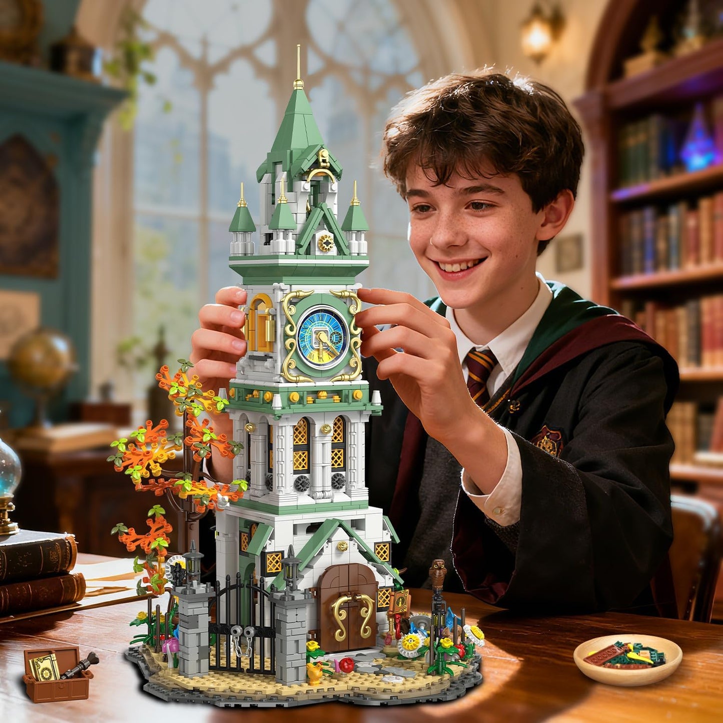 INSOON Magic Clock Tower Building Set with Light, 1566 PCS Big Medieval Castle House Construction Model with Owl & Garden, Home Decor Building Block Kit, Gift for Mothers Adults Teens Boys Girls 12+