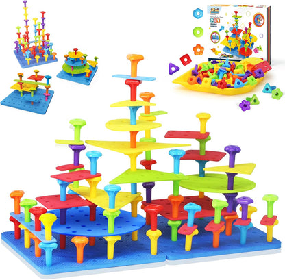 Peg Board Toy set 73Pcs DIY Building Stacking Toys for Kids 3-6 Years Old,STEM Educational Kids Toy for Brain Development,Montessori Sensory Toys,Upgrade Various Foam Board Plastic Lacing String Game