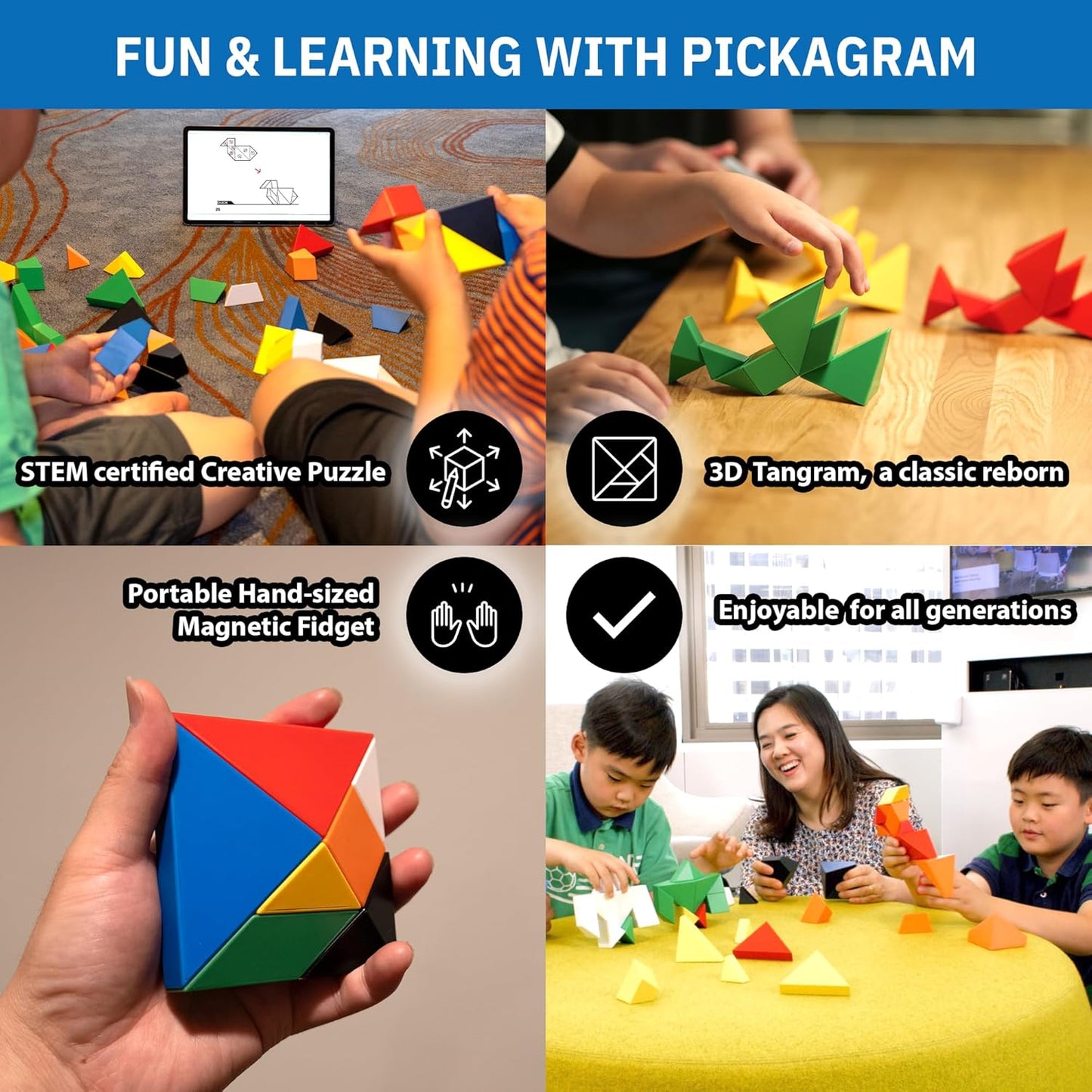 Pickagram Tangram 3D Magnetic Puzzle for Kids (8-12), Adults & Seniors | STEM Certified Fidget Puzzle - Magnetic Pattern Blocks for Cognitive Development, Creativity & Focus - Random Mix