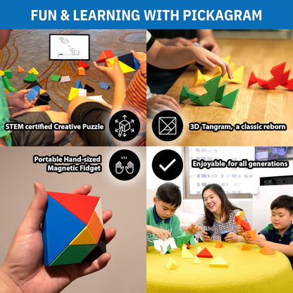 Pickagram Tangram 3D Magnetic Puzzle for Kids (8-12), Adults & Seniors | STEM Certified Fidget Puzzle - Magnetic Pattern Blocks for Cognitive Development, Creativity & Focus - Random Mix