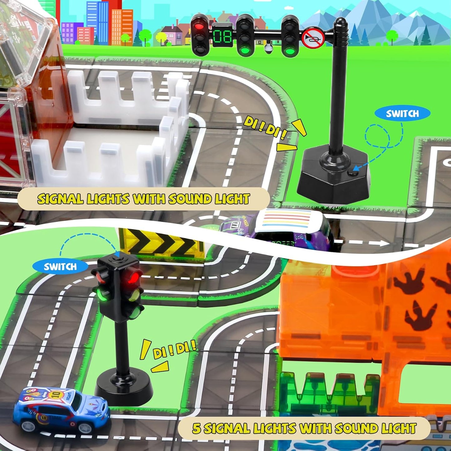 150PCS Magnetic Tiles Road Set with Marble Run, Preschool Magnet Tiles Included Magnetic Cars. STEM Magnetic Tiles for Kids, Preschool Educational Building Toys for Boys & Girls