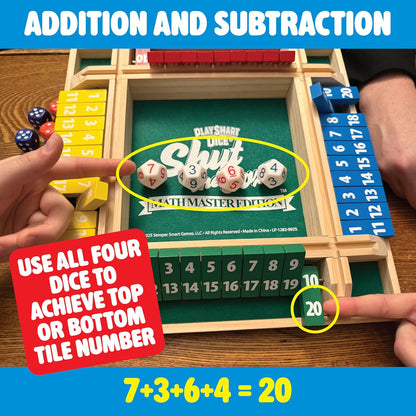 PlaySmart Dice Shut the Box Math Master: Deluxe 1-4 Player Wooden Board with Unique dice, More Numbers, Games, Math, and Fun Ways to Play!