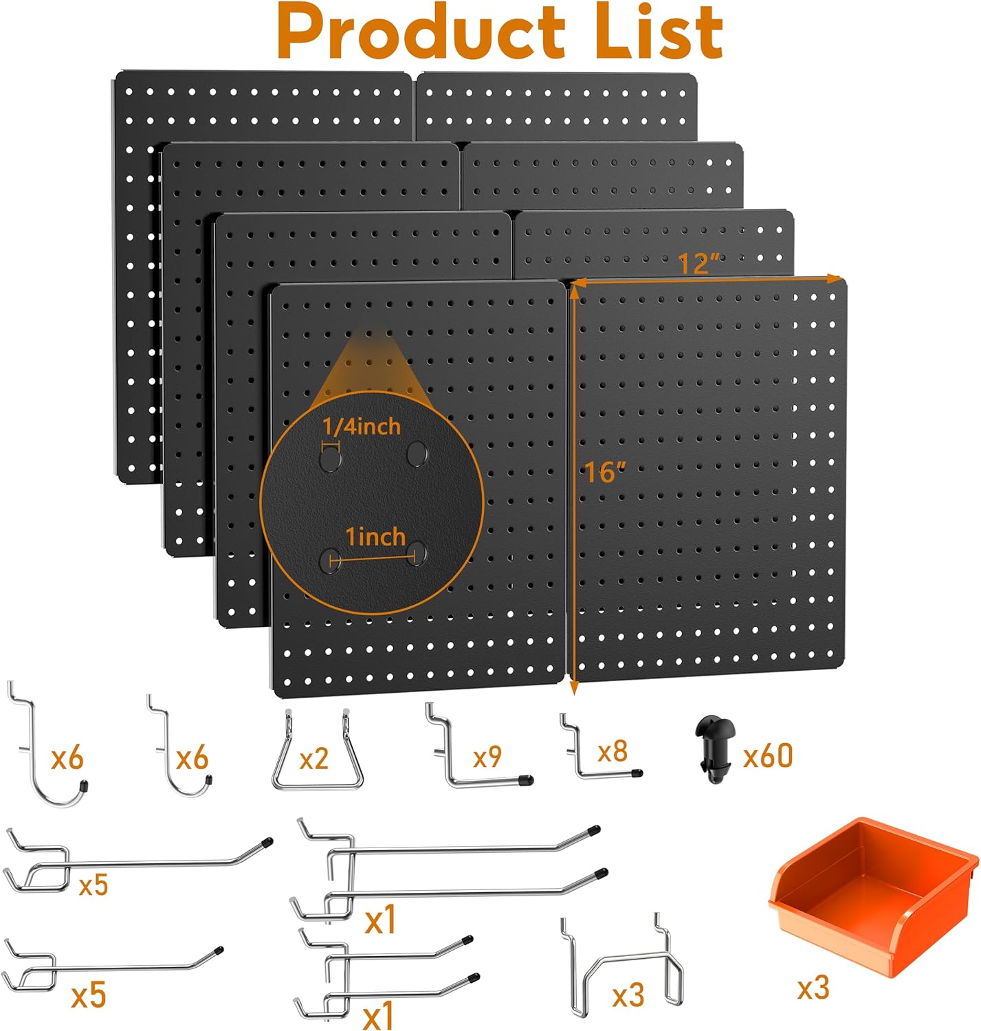 Peg Board, 112PCS Heavy Duty Metal Pegboard with Hooks, 6 Pack Black Peg Board Panels, 60lbs Load Capacity Each, Pegboard Wall Organizer for Garage, Workshop, Kitchen, Craft Rooms