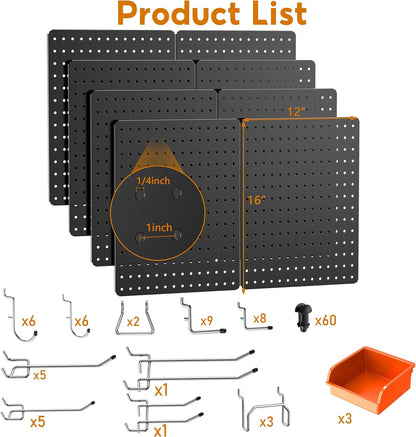 Peg Board, 112PCS Heavy Duty Metal Pegboard with Hooks, 6 Pack Black Peg Board Panels, 60lbs Load Capacity Each, Pegboard Wall Organizer for Garage, Workshop, Kitchen, Craft Rooms