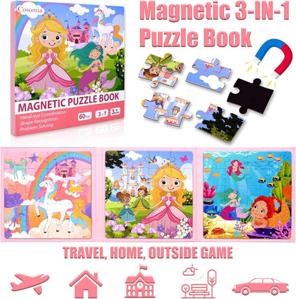 Magnetic Puzzles for Kids 3-5, 3-in-1 Princess Unicorn Mermaid Travel Puzzles for Kids Ages 4-6, Car Airplane Road Trip Activities Toys, Easter Day Gifts for Girls