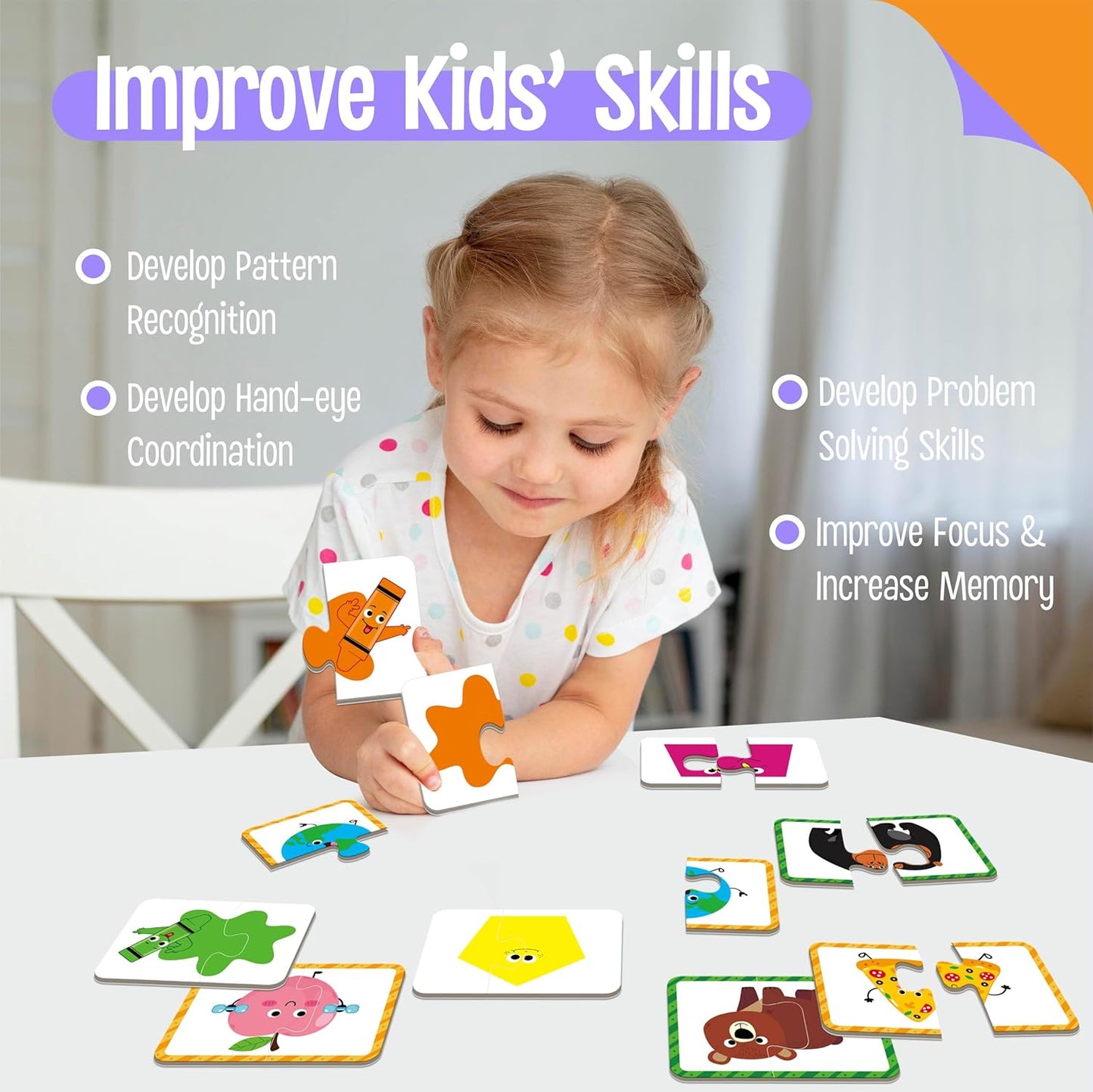 48 Food Matching Puzzles with Error-Correction Mechanism Pre-Primer in 2 Pieces, Perfect for Preschool Learning (24 Blocks Double Sided)