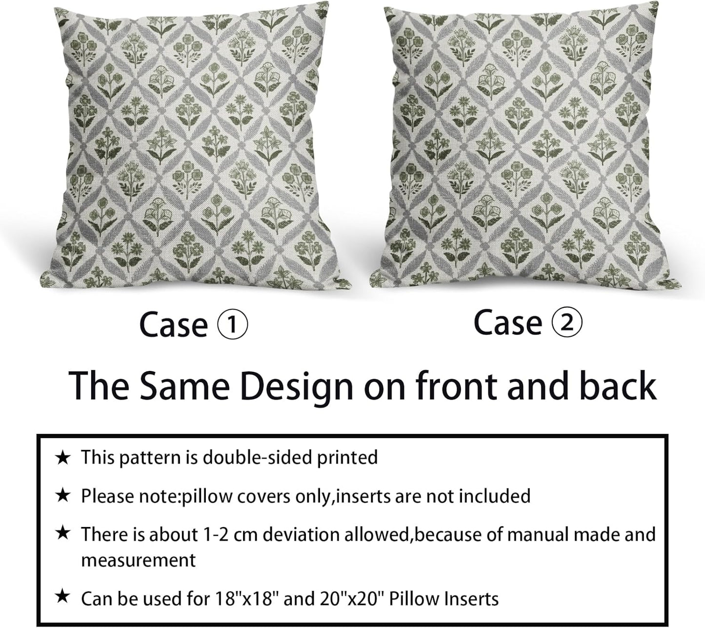 Blue Green Floral Block Print Pillow Covers 12X20 Set of 2, Flower Pattern Spring Summer Print Decorative Throw Pillow Covers Outdoor Farmhouse Seasonal Cushion Case Couch Sofa Bed Decor