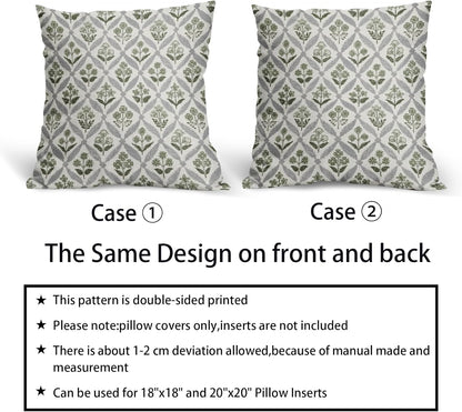 Blue Green Floral Block Print Pillow Covers 12X20 Set of 2, Flower Pattern Spring Summer Print Decorative Throw Pillow Covers Outdoor Farmhouse Seasonal Cushion Case Couch Sofa Bed Decor