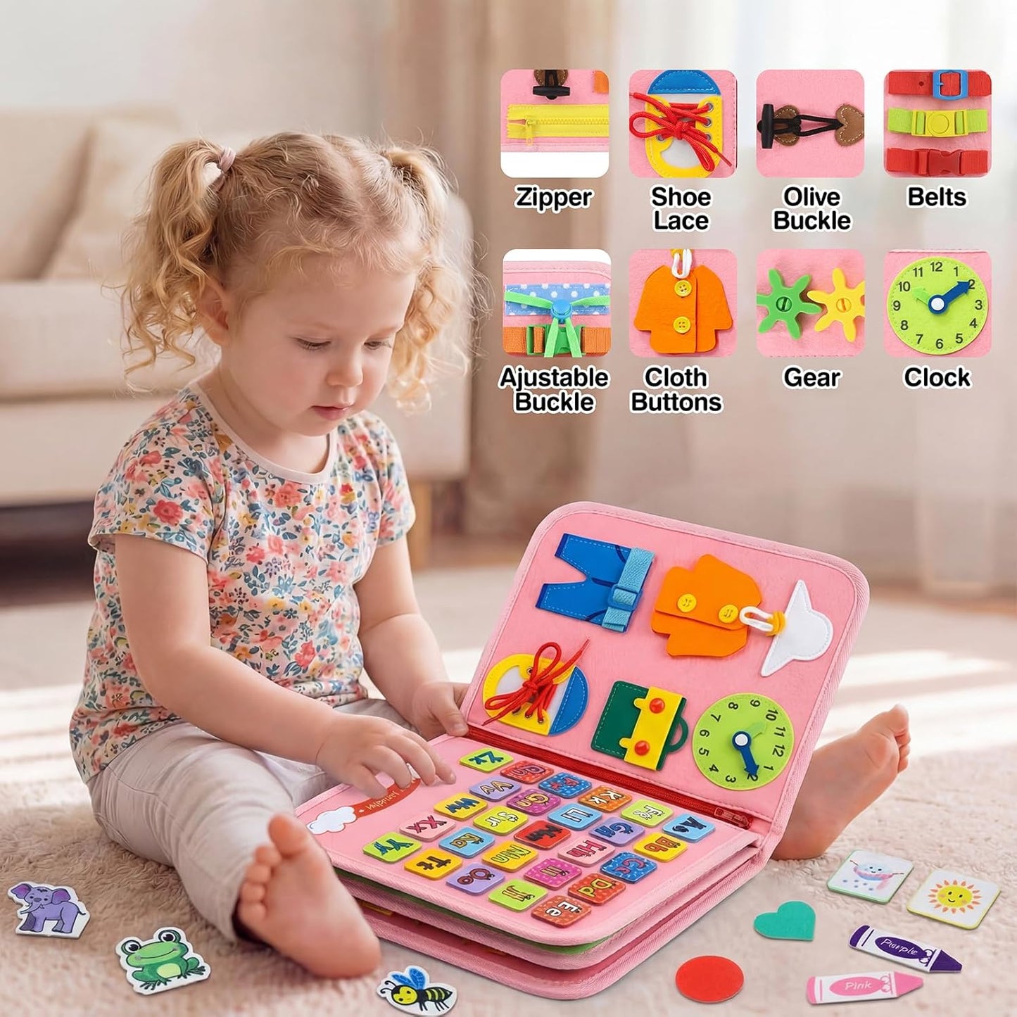 Toddler Busy Board Montessori Toys for Toddlers Girls 1-3 Year Old Birthday Gifts, Sensory Busy Book Learning Educational Activities, Airplane Car Travel Toy
