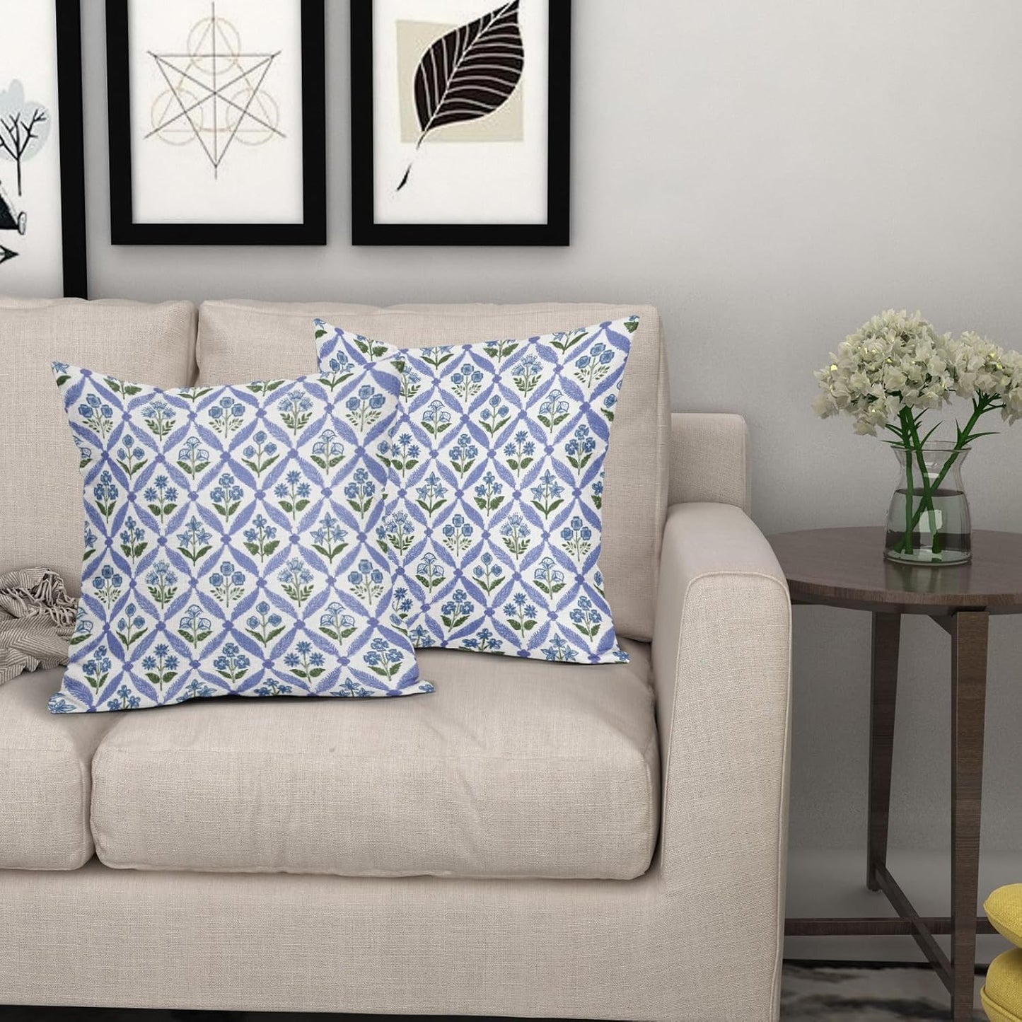 Blue Green Floral Block Print Pillow Covers 12X20 Set of 2, Flower Pattern Spring Summer Print Decorative Throw Pillow Covers Outdoor Farmhouse Seasonal Cushion Case Couch Sofa Bed Decor