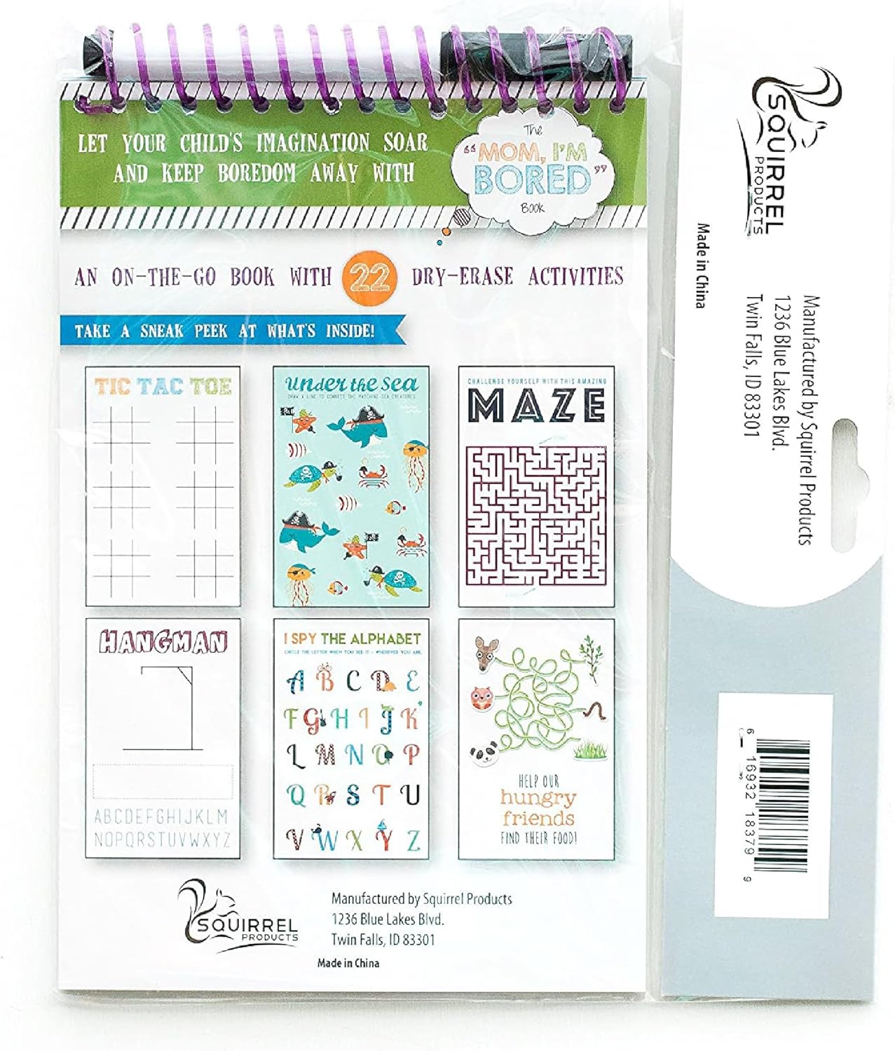 Squirrel Products Mom, I'm Bored Children's Activity Book, Fun Reusable Dry Erase Toy - Roadtrip Essentials, Word Games, Screen Free Activites for Kids Ages 3 and Up - Original Version