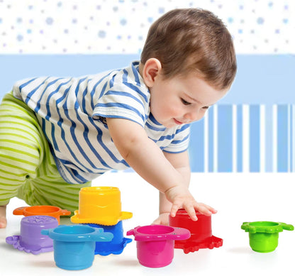 Baby Bath Stacking Cups – 8-Piece Montessori Beach & Bathtub Toy Set for Toddlers – BPA-Free, Easy-Drain, Educational Water Toy for Kids Ages 18 Months+ by Extasticks®