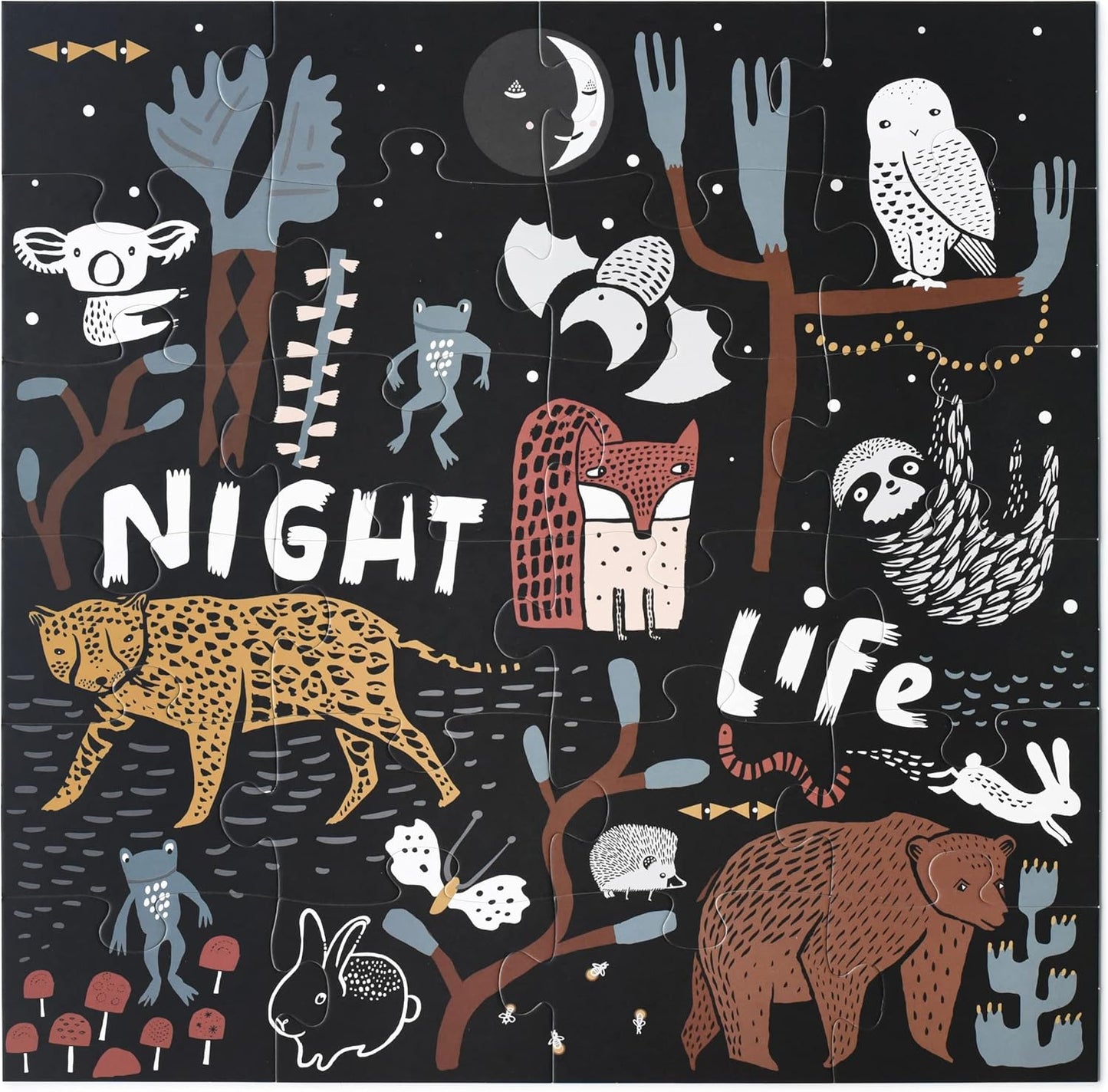 Wee Gallery Fine Motor Practice Bundle - Night Life Floor Puzzle, 24 Large Pieces, Durable Jumbo Jigsaw Floor Puzzles - Jungle Animals Lacing Cards for Toddlers, Sewing Board, Preschool Toys