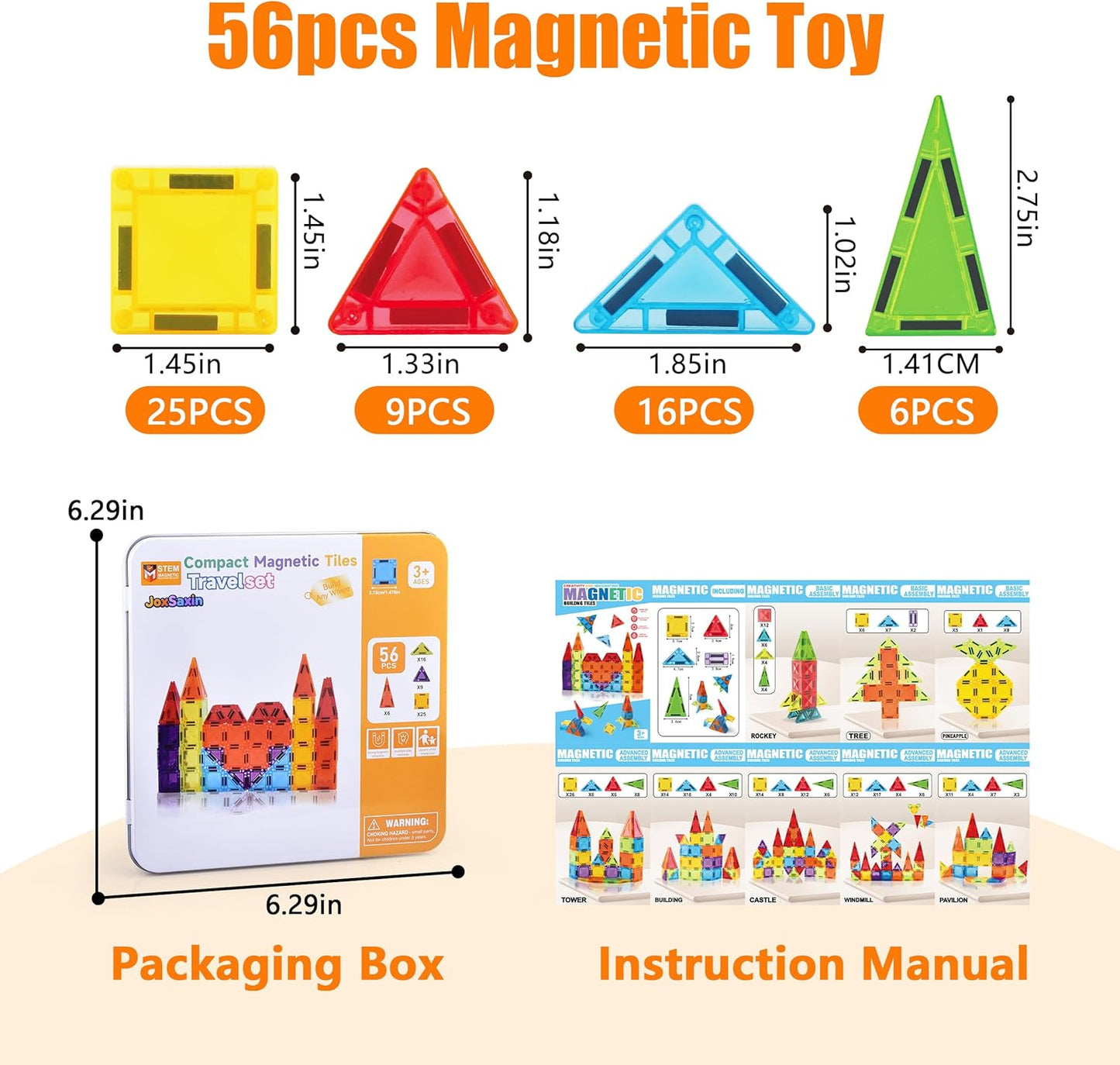 56PCS Mini Magnetic Tiles, Portable Magnetic Toy Travel Set for Kids, Includes Iron Storage Box, Puzzle Toy for Boys and Girls Ages 3+, Creative Building Toy Set, Holiday