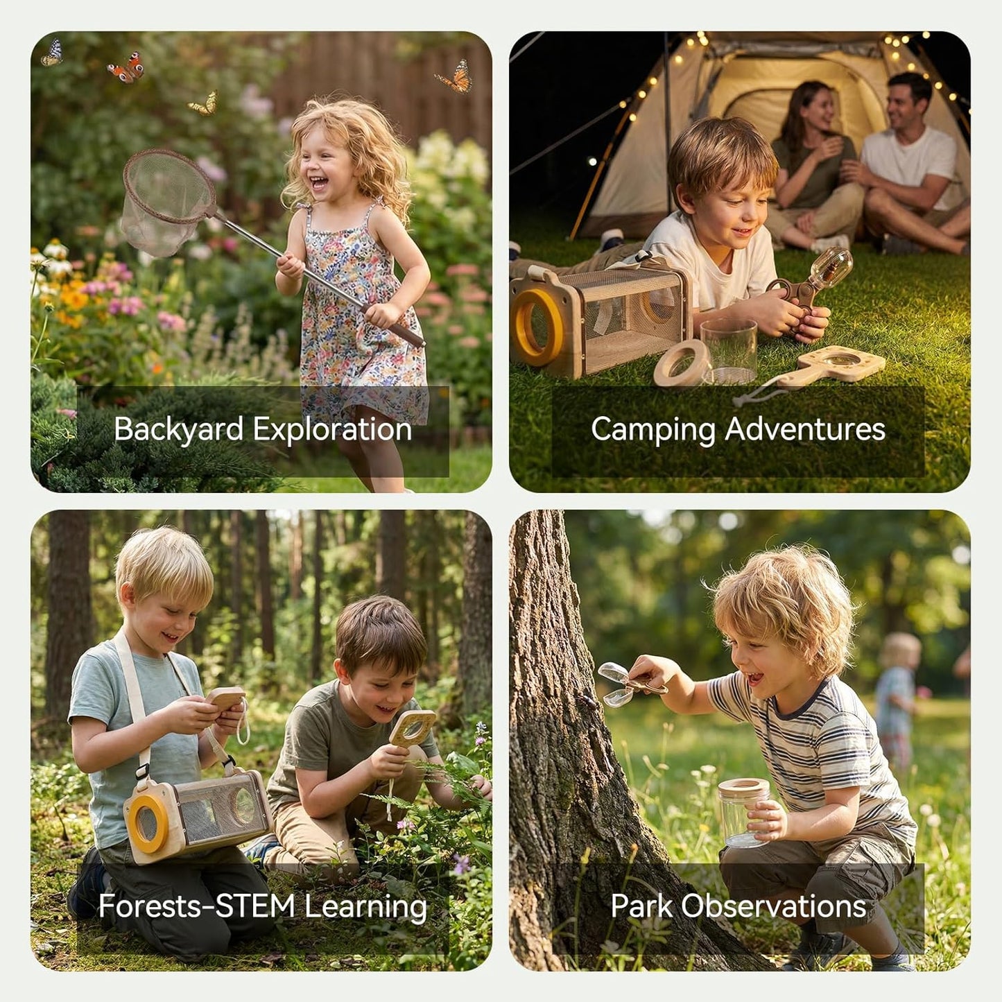 Wooden Bug Catcher Kit for Kids 3-8, 10PCS Durable Outdoor Explorer Kit with Magnifying Glass, Butterfly Net & STEM Guide, Catch & Release Adventure Set for Backyard & Camping