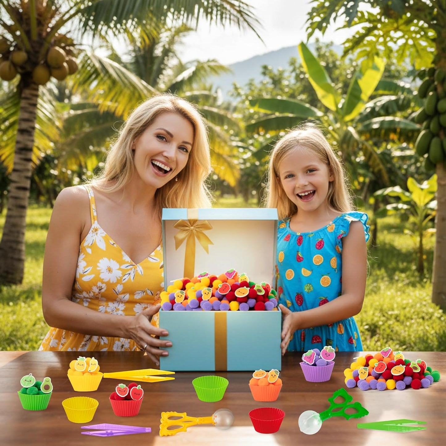 EZdhuawuse Summer Sensory Bin Fillers - 268P Fine Motor Toy Counting Sorting Set for Kid Birthday Easter Gift, Felt Phrases Heart Colorful Pom Poms Cup Clip for Preschool Education Activities