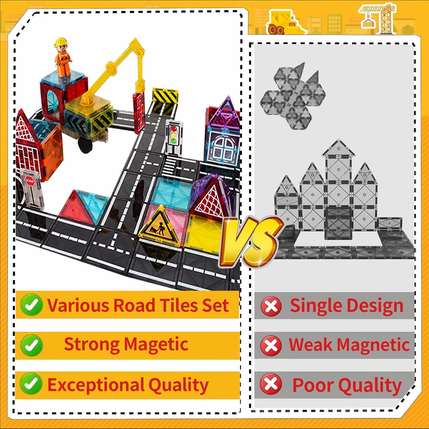 Magnetic Tiles Road Set, Magnet Tiles for Kids Ages 3-5 4-8 5-7, Magnetic Building Blocks Montessori Educational STEM Creativity Toys 3+ Year Old Boys & Girls Toddlers Kids Christmas Birthday Gifts