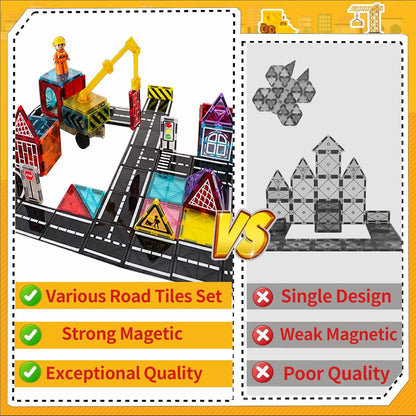 Magnetic Tiles Road Set, Magnet Tiles for Kids Ages 3-5 4-8 5-7, Magnetic Building Blocks Montessori Educational STEM Creativity Toys 3+ Year Old Boys & Girls Toddlers Kids Christmas Birthday Gifts
