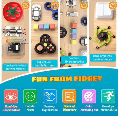 Umnodobn Montessori Busy Board for Toddlers, 11-in-1 Sensory Learning Travel-Friendly Activity Board, Fine Motor Skills Toy, Screen, Birthday Holiday Presents for Boys Girls 3+ Years Old