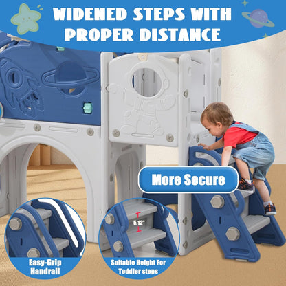 11in 1 Toddler Slide, Kid Slide for Toddlers Age 1-3 with Telescope, Basketball Hoop, and Telescope, Indoor Outdoor Playset Playground Blue Grey