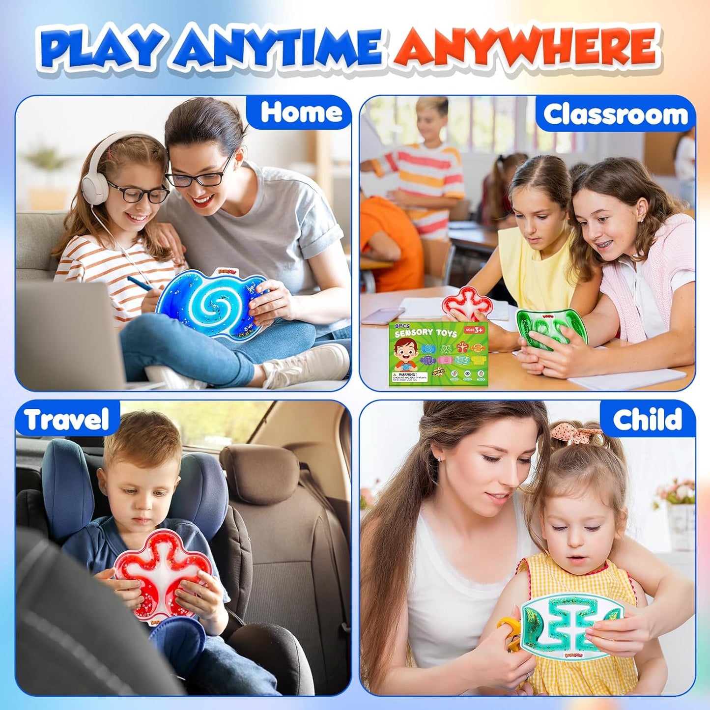 Squishy Sensory Toys for Kids - 4 Pack Fidget Toy Sensory Maze for Autism - Stress Relief Toys for Calm Down - Squeeze Fidget Toy Filled Goo, Glitter, Prizes for Kids Classroom, Goodie Bags Stuffers