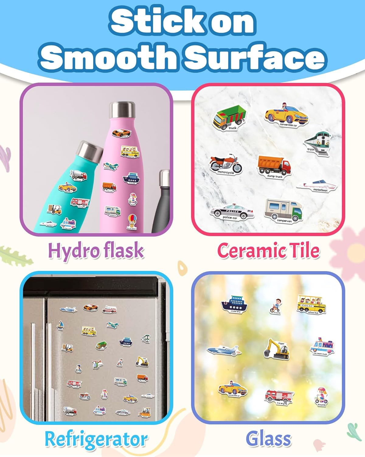 Benresive Reusable Sticker Books for Toddlers, Fun Travel Stickers for Kids, Toddler Sticker Book, Crafts Activities for Toddlers, 3 and Up Birthady Gifts - Vehicle