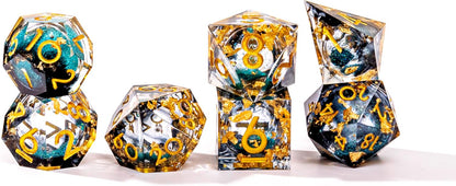 Liquid Core DND Dice Set, 7pcs Sharp Edge Dice for Role Playing Dungeons and Dragons Ttrpg with Gift Box, Handmade Resin D&D Dice RPG Role Playing Games Dice Set(Blue Gold)