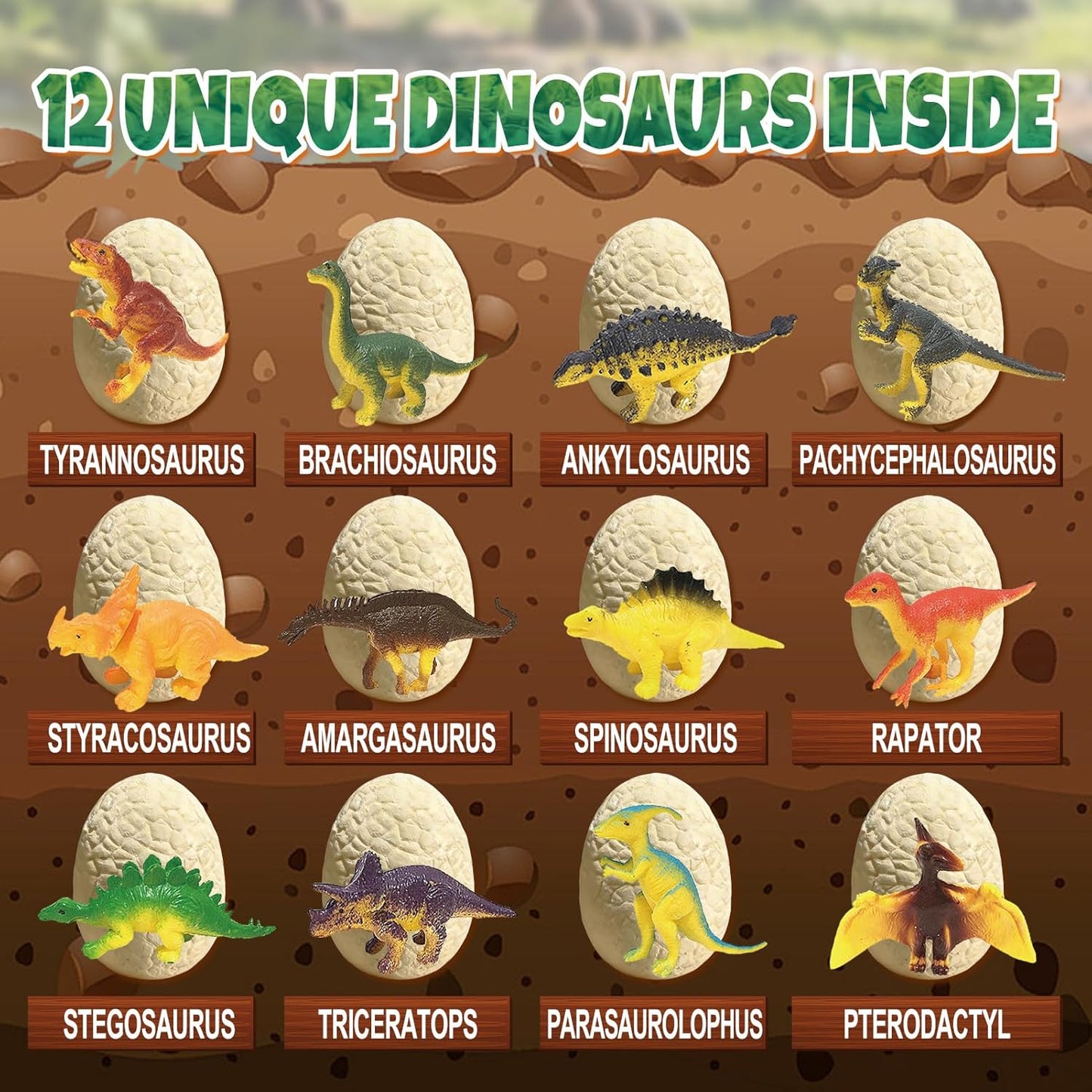 Easter Dino Eggs Dig Kit - 12 Colorful Dinosaur Easter Eggs with Dinosaur Figures, 12 Dig Tools for Easter Egg Hunt, Easter Basket Stuffers & Easter Toys and Games (Colorful)
