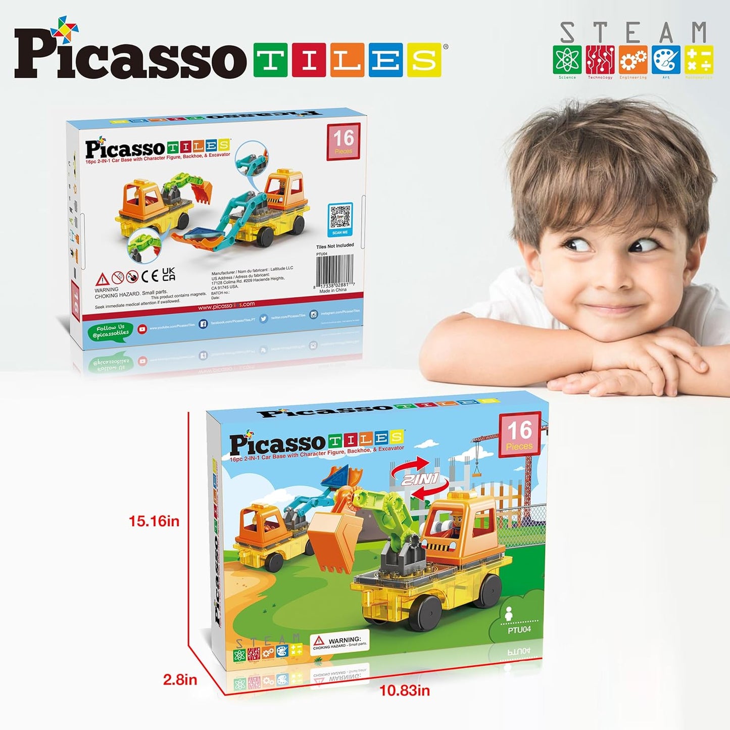 PicassoTiles Magnet Tile Construction Themed Building Blocks 5-in-1 Crane, Ladder, Dump Truck, Excavator, and Backhoe Action Figures, 2 Car Base Vehicles Magnetic Tiles Learning Toys Kids Ages3+ PTU06