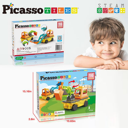PicassoTiles Magnet Tile Construction Themed Building Blocks 5-in-1 Crane, Ladder, Dump Truck, Excavator, and Backhoe Action Figures, 2 Car Base Vehicles Magnetic Tiles Learning Toys Kids Ages3+ PTU06
