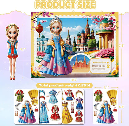 Magnetic Dress Up Dolls for Girls - Princess Magnet Paper Dolls Book with 3D City Buildings - Travel Car Trip Quiet Book Game Toys Easter Birthday Gifts for Kids Toddlers Ages 3 4 5 6 7(Style C)