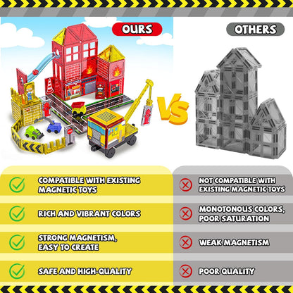 SKTMYY Magnetic Tiles Construction Toys with Road & Crane & Marble Run, Double-Sided Fire Station & Building Magnet Tiles for Kids Ages 4-8, STEM Magnetic Blocks Gifts for 3 4 5 6 7 8 Year Old Boys