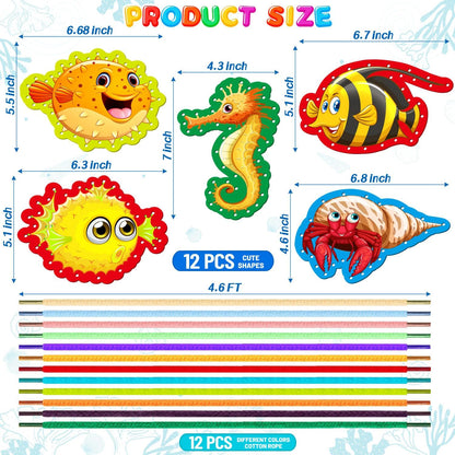 ZAUGONTW 12 Pcs Lacing Cards for Kids, Sea Animals Sewing Cards with 12 Colorful Laces, Thicken Double Sided Lacing Playing Games for Children Developing Imagination Education Supplies
