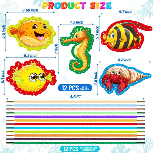ZAUGONTW 12 Pcs Lacing Cards for Kids, Sea Animals Sewing Cards with 12 Colorful Laces, Thicken Double Sided Lacing Playing Games for Children Developing Imagination Education Supplies
