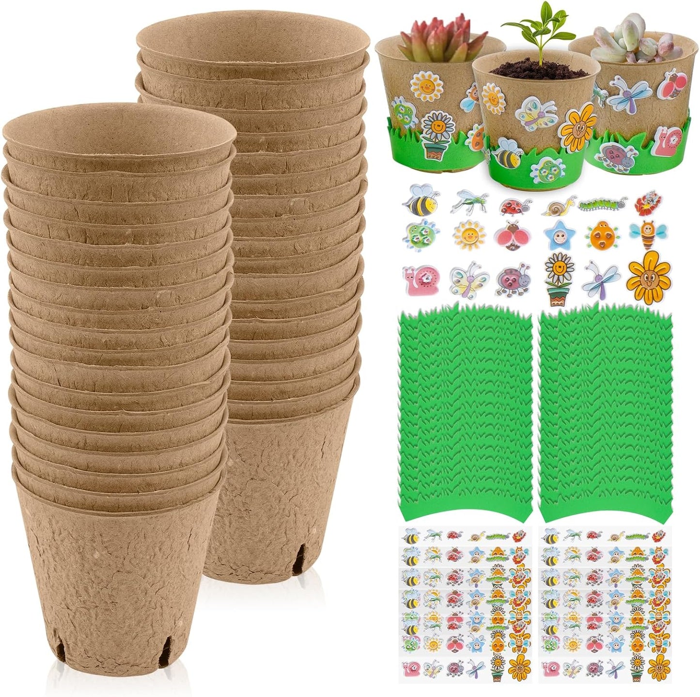 JYNTERPLAY 18 Pack Spring Garden Paper Pot Craft Kit Include 18 Pcs Paper Mache Pots and 108 Pcs Adhesive Foam Stickers Bulk for Kids Flower Planting Growing DIY Painting