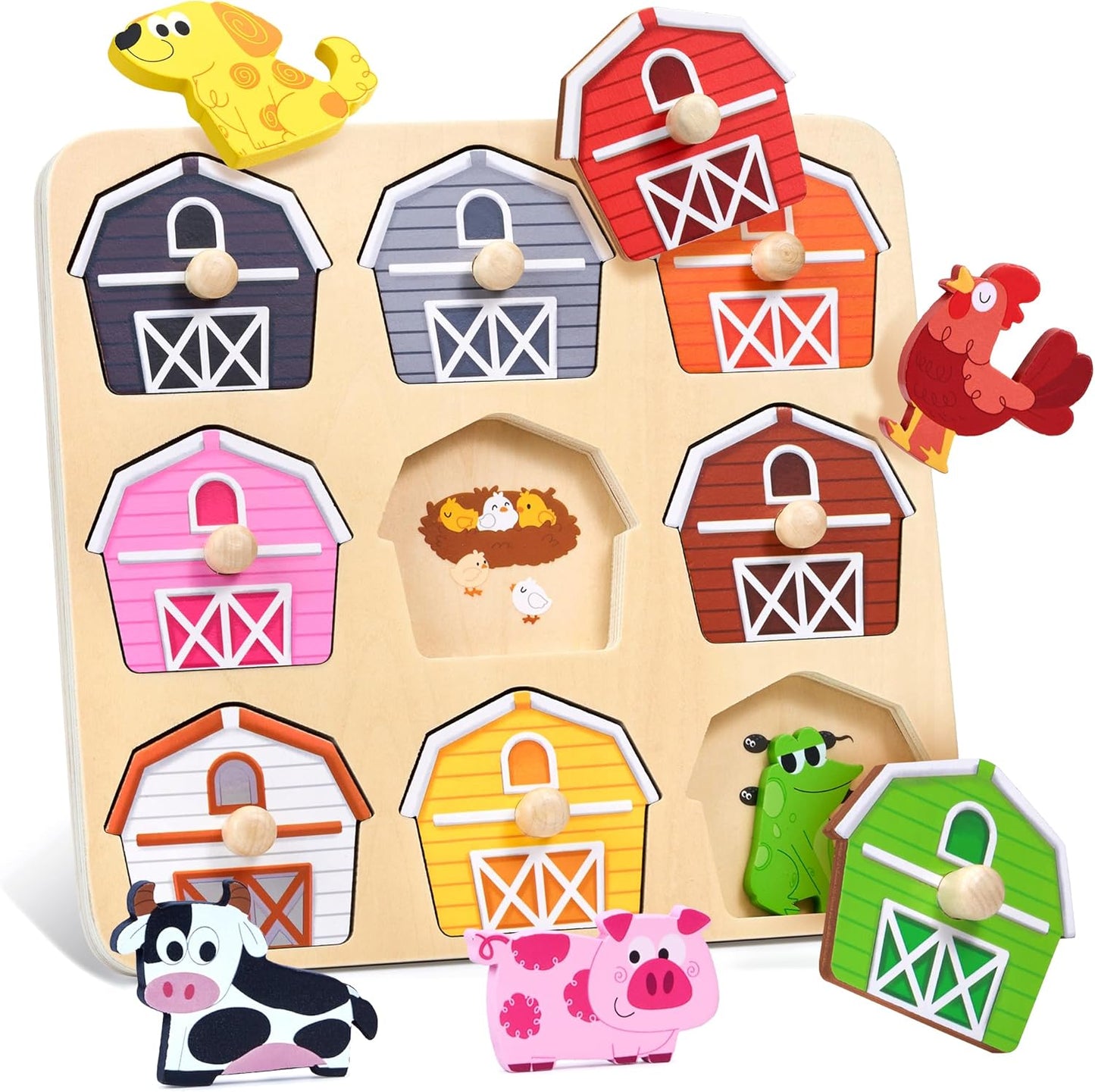 JoyCat Wooden Puzzles for Toddlers 1-3, Montessori Toys for 1 2 Year Old Boy Girl Birthday, Animal Match Farm Peg Puzzles, Preschool Learning Toys for Toddlers Age 1-2