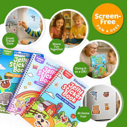 Reusable Jelly Sticker Book - Farm, 7 Scenes - 50 Thick Washable Stickers for Toddlers & Kids: Animals Stickers for Kids, Gift for Ages 3-5 Years Old - Toddler Travel Toys 2-4, Road Trip Activities