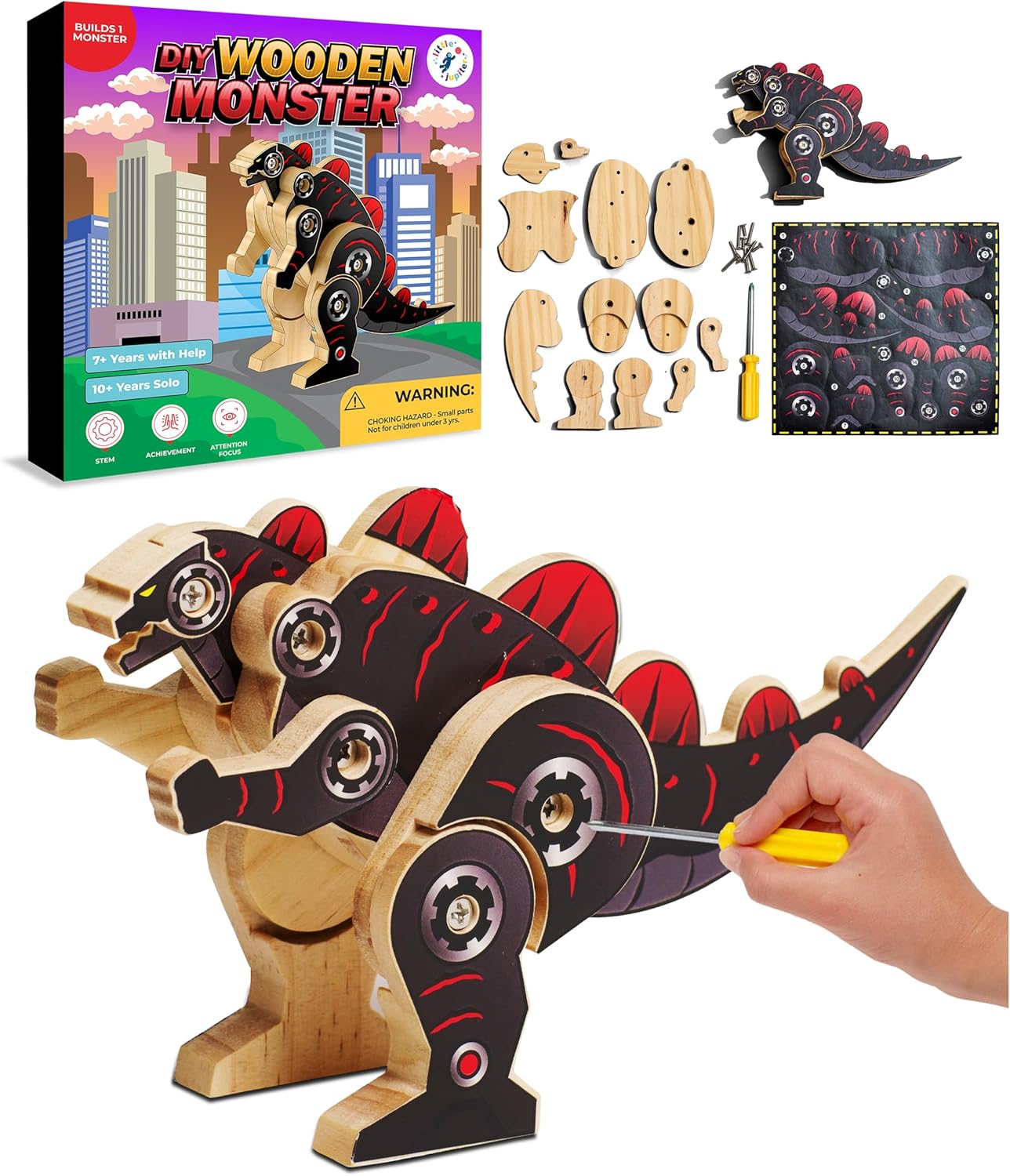Little Jupiter DIY Wooden Kit with Stickers - Dinosaur Toys for Kids for 7-12 Yrs - Dinosaur Toy Woodworking Kits - Wood Crafts - Kids Building Kit - Wooden Crafts (Stegosaurus)