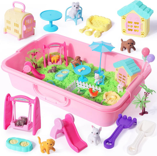 Billeeit Pet Sensory Bin Sand Toy with 2.2lbs Green Moldable Sand, Dog ＆ Cat Play Sand Kit for Boys and Girls Including 28pcs Accessories Total, Sand Box Toys Gift for Kids 3+ Indoor Creativity
