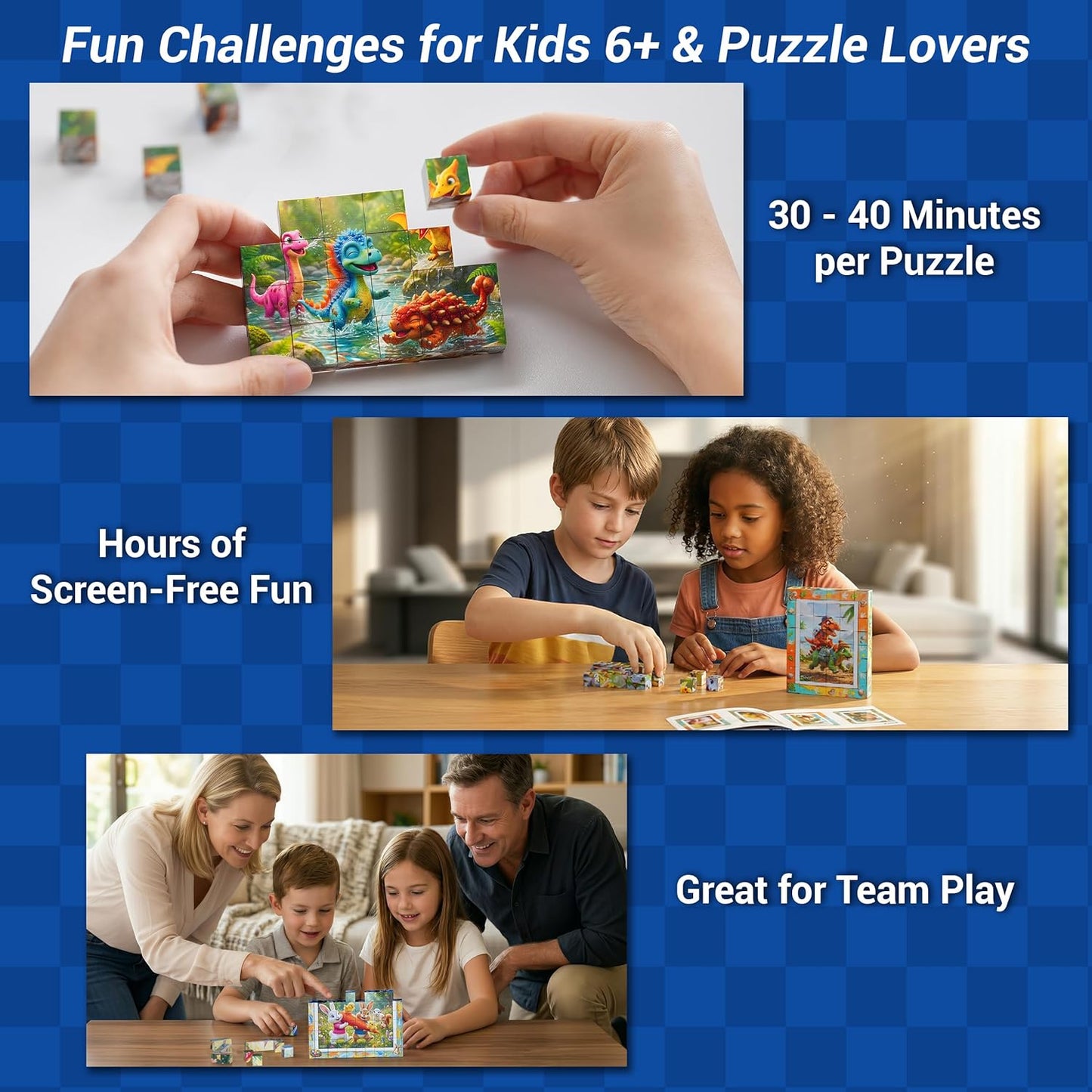 TOSY Picture Cube Cute Dino: 6-in-1 Magnetic Picture Puzzle, Easter Basket Stuffers STEM Gift for Kids & Adults, 48 Blocks, 288 Faces/Magnets, 0.6 in, B021, Seamless UV Art, Display-Ready Frame