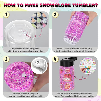 10 Oz Plastic Kids Snowglobe Tumbler with Pre-Drilled Hole and Plug, 6 Pack Double Wall Acrylic Snowglobe Cup for Glitter, Black