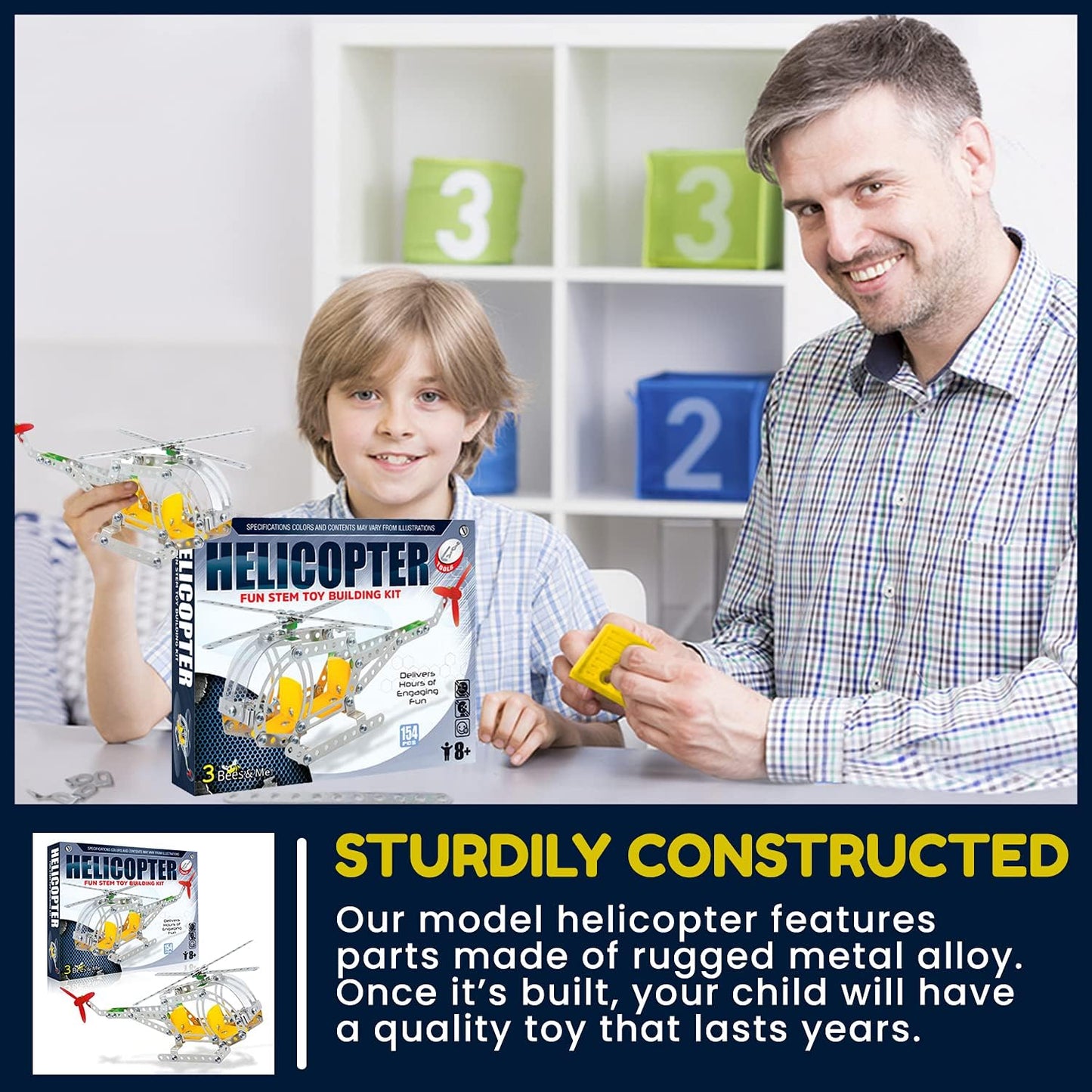 3 Bees & Me Metal Helicopter Erector Set for Boys and Girls Age 8 Years Old to Adult | Fun STEM Toy Building Kit | Educational Birthday Gift for Junior Engineers | Kids Building Projects