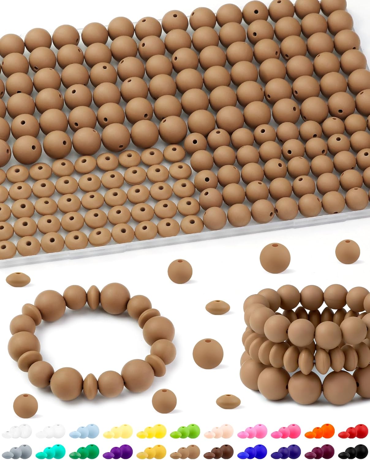 200Pcs FIVEIZERO Mixed Silicone Beads for Keychain Making, 12mm 15mm Round and 12mm Lentil Silicone Beads for Pens Bracelet Necklace DIY Crafts(Black)