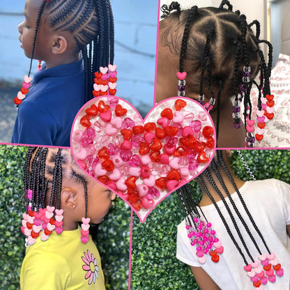 90PCS Heart Hair Beads for Braids Blue Pink Loc Dreadlock Valentine's Day Bead Accessories Purple Cute Acrylic Heart Shape Beads for Kids Girls