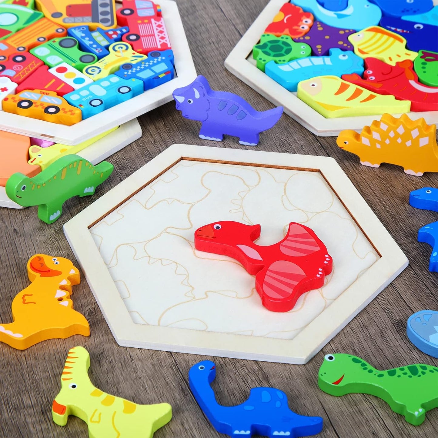 5 Pack Wooden Tangram Puzzle for Kids Wooden Hexagon Puzzle Block Teaser Geometric Shapes Tangram Games for Jigsaw 3D Logic IQ Game Gift(Geometry)