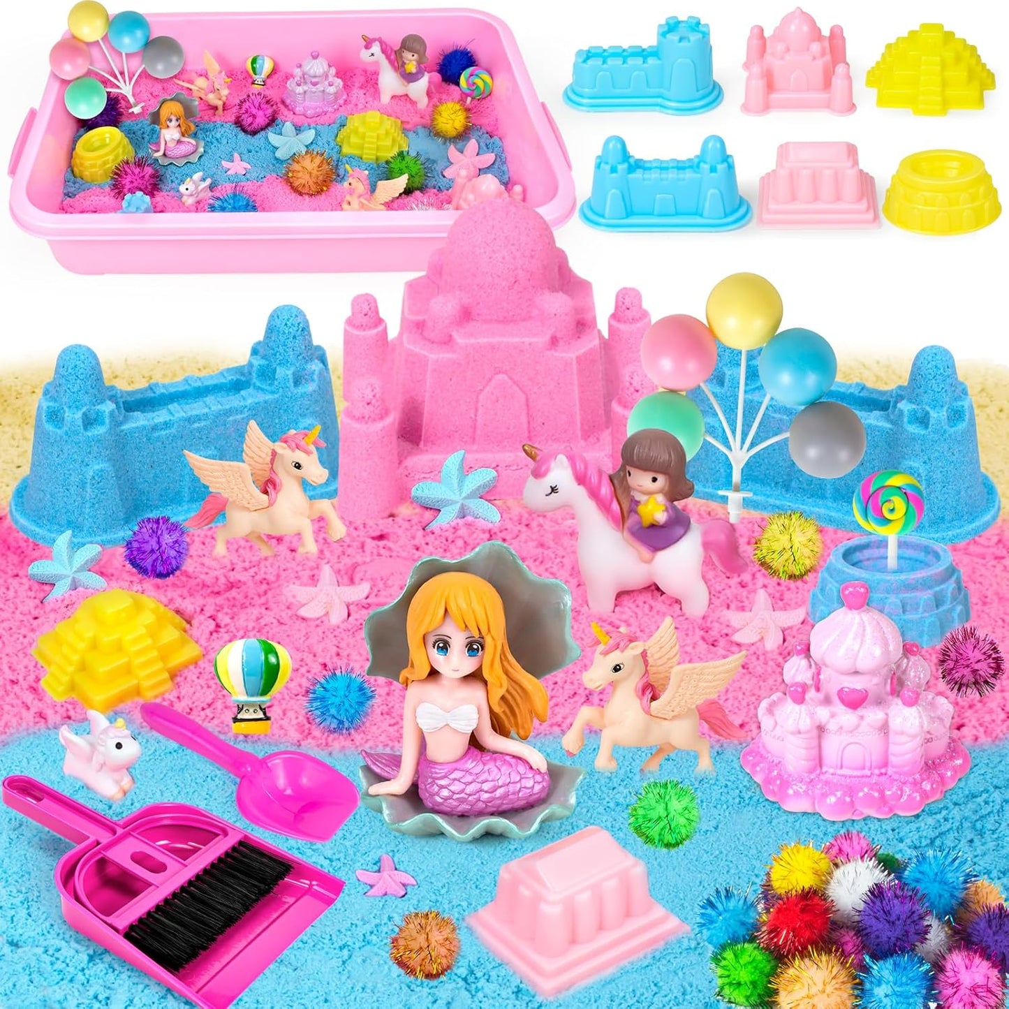 Hymaz Unicorn Sensory bin, Unicorn and Mermaid Play Sand Kit, Sandbox with 2.2lbs Magic Sand, Castle Molds, Ocean Scene Models, Preschool Indoor Birthday Gifts for Boys Girls Age 3 4 5 6 7 8