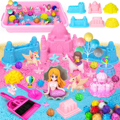 Hymaz Unicorn Sensory bin, Unicorn and Mermaid Play Sand Kit, Sandbox with 2.2lbs Magic Sand, Castle Molds, Ocean Scene Models, Preschool Indoor Birthday Gifts for Boys Girls Age 3 4 5 6 7 8